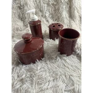 Vintage 1980's Dark Red Maroon Faux Marble Bathroom Sink Set W/ Gold Accent Rare